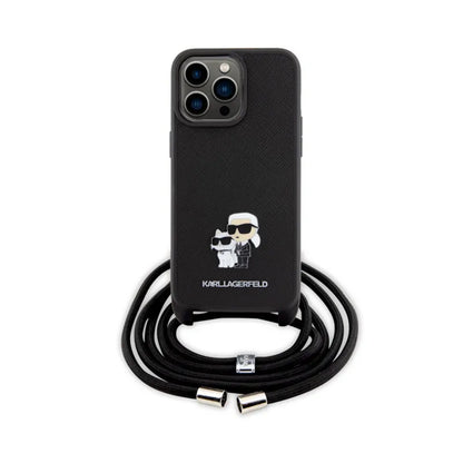 Karl Lagerfeld Crossbody Saffiano Metal Pin Karl & Choupette – dėklas, skirtas „iPhone 15 Pro Max“ (juodas)