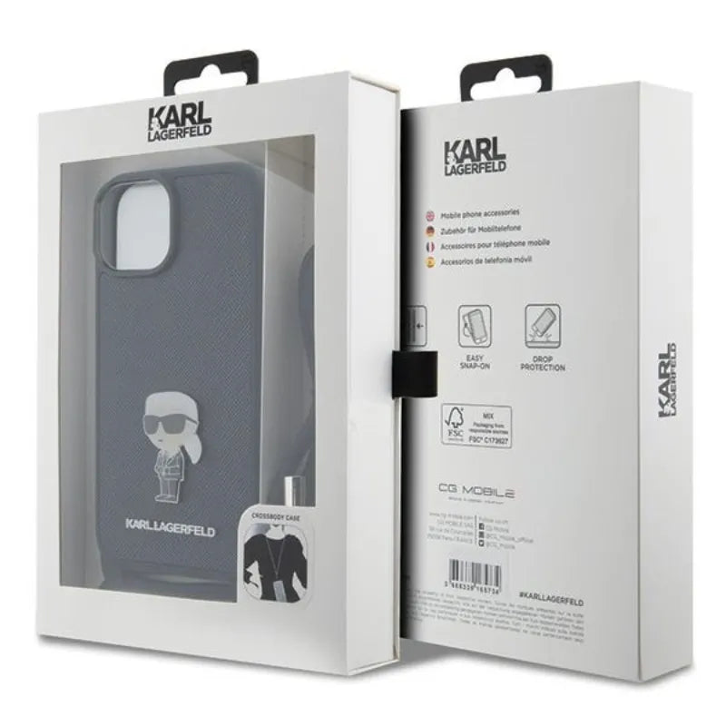 Karl Lagerfeld Crossbody Saffiano Monogram Ikonik Metal Pin - Dėklas iPhone 15 (Juodas)