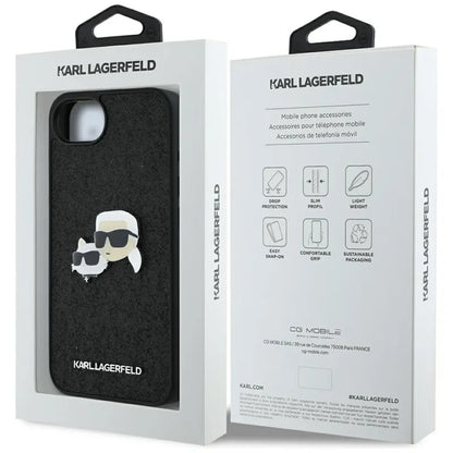 Karl Lagerfeld Dėklas iPhone 16e (juodas) su fiksuotais Karl & Choupette galvų metalo smeigtukais su blizgučiais