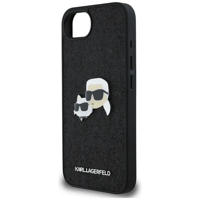 Karl Lagerfeld Dėklas iPhone 16e (juodas) su fiksuotais Karl & Choupette galvų metalo smeigtukais su blizgučiais