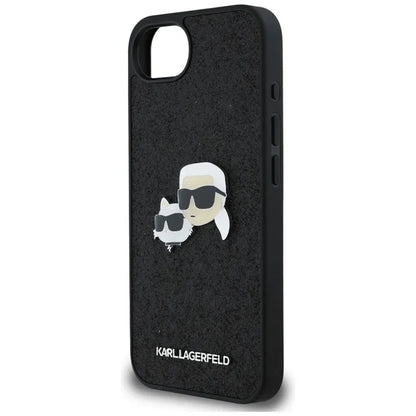Karl Lagerfeld Dėklas iPhone 16e (juodas) su fiksuotais Karl & Choupette galvų metalo smeigtukais su blizgučiais
