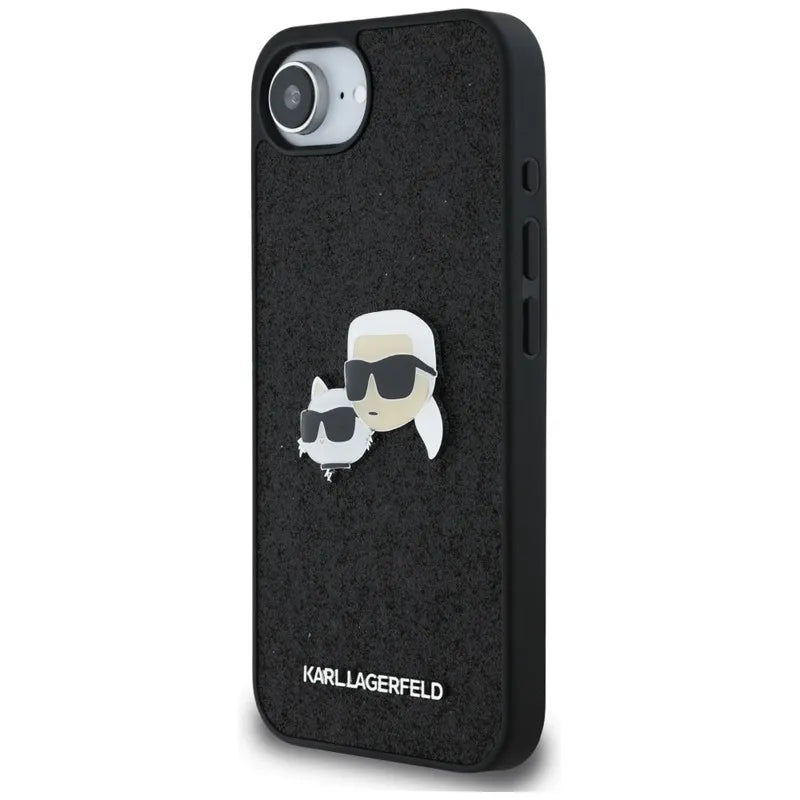 Karl Lagerfeld Dėklas iPhone 16e (juodas) su fiksuotais Karl & Choupette galvų metalo smeigtukais su blizgučiais