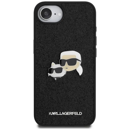 Karl Lagerfeld Dėklas iPhone 16e (juodas) su fiksuotais Karl & Choupette galvų metalo smeigtukais su blizgučiais