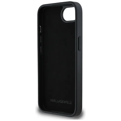 Karl Lagerfeld Dėklas iPhone 16e (juodas) su fiksuotais Karl & Choupette galvų metalo smeigtukais su blizgučiais