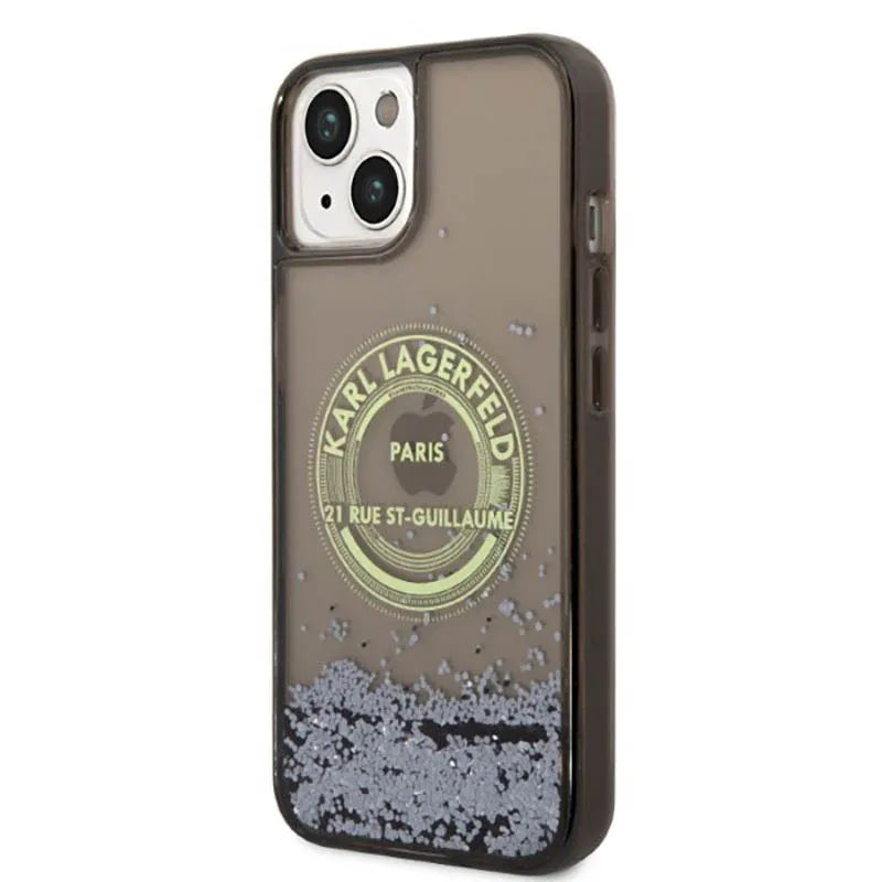 Karl Lagerfeld dėklas "Liquid Glitter Round RSG Logo" – dėklas skirtas iPhone 14 (Juodas)