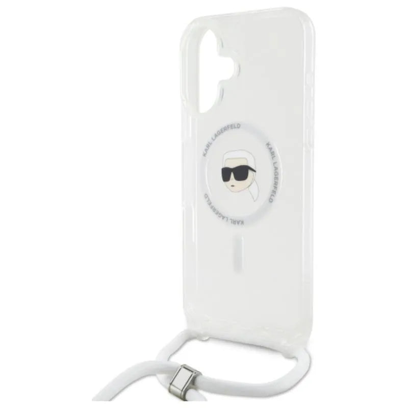 Karl Lagerfeld Dėklas per petį IML Karlio galvos MagSafe – skirtas iPhone 16 (skaidrus)
