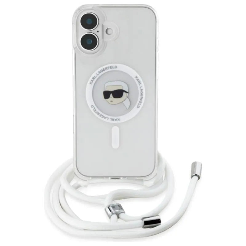 Karl Lagerfeld Dėklas per petį IML Karlio galvos MagSafe – skirtas iPhone 16 (skaidrus)