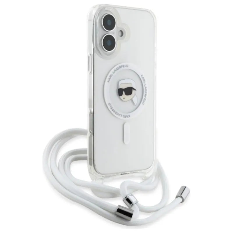 Karl Lagerfeld Dėklas per petį IML Karlio galvos MagSafe – skirtas iPhone 16 (skaidrus)
