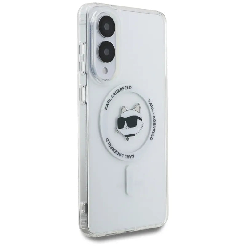 Karl Lagerfeld Dėklas Samsung Galaxy S25 Edge, su Choupette galvos ir logotipų atvaizdais, MagSafe, baltas