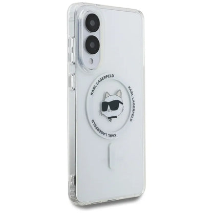 Karl Lagerfeld Dėklas Samsung Galaxy S25 Edge, su Choupette galvos ir logotipų atvaizdais, MagSafe, baltas