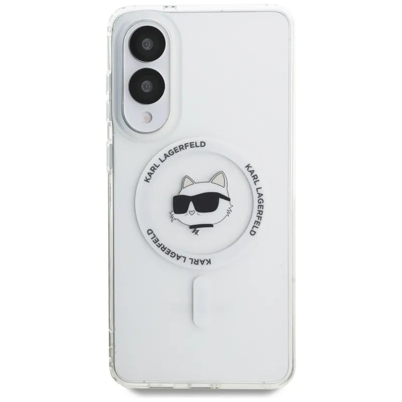 Karl Lagerfeld Dėklas Samsung Galaxy S25 Edge, su Choupette galvos ir logotipų atvaizdais, MagSafe, baltas