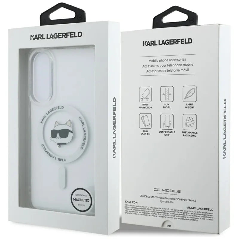 Karl Lagerfeld Dėklas Samsung Galaxy S25 Edge, su Choupette galvos ir logotipų atvaizdais, MagSafe, baltas