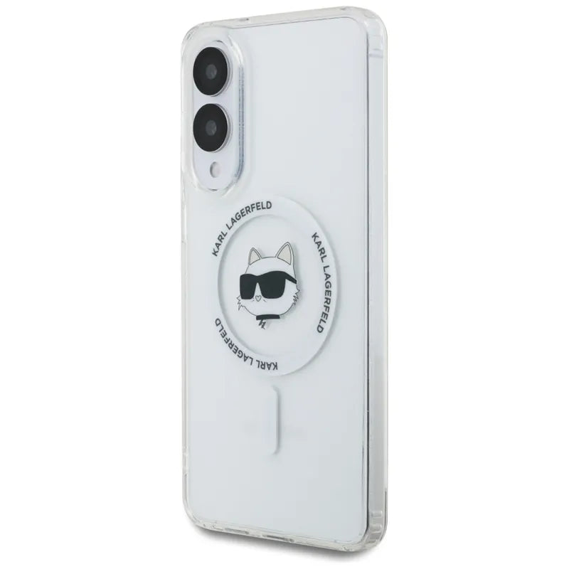 Karl Lagerfeld Dėklas Samsung Galaxy S25 Edge, su Choupette galvos ir logotipų atvaizdais, MagSafe, baltas