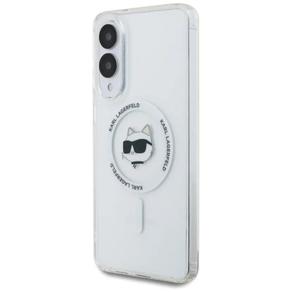Karl Lagerfeld Dėklas Samsung Galaxy S25 Edge, su Choupette galvos ir logotipų atvaizdais, MagSafe, baltas