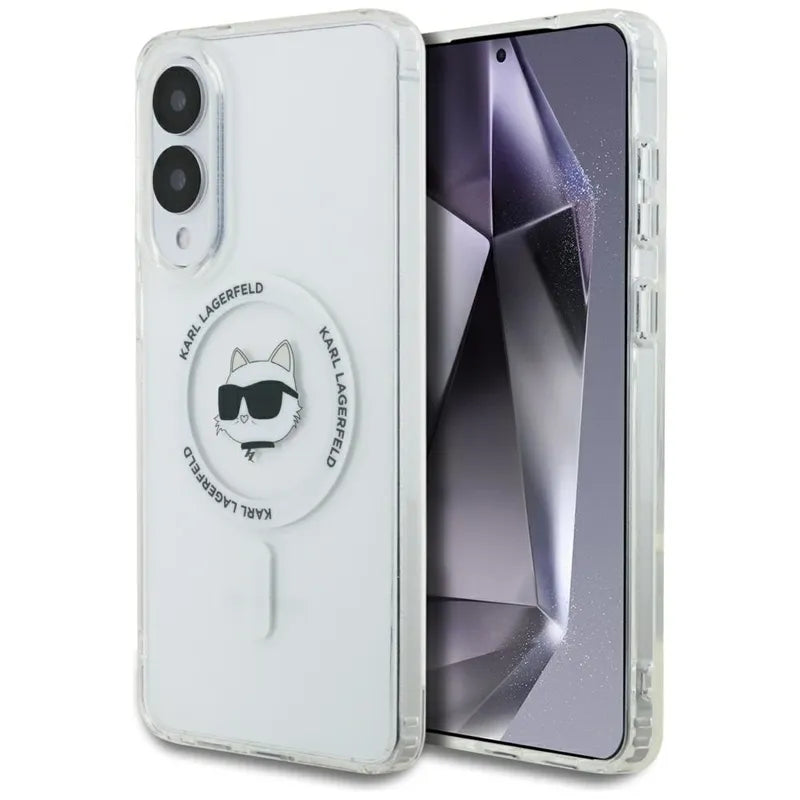 Karl Lagerfeld Dėklas Samsung Galaxy S25 Edge, su Choupette galvos ir logotipų atvaizdais, MagSafe, baltas