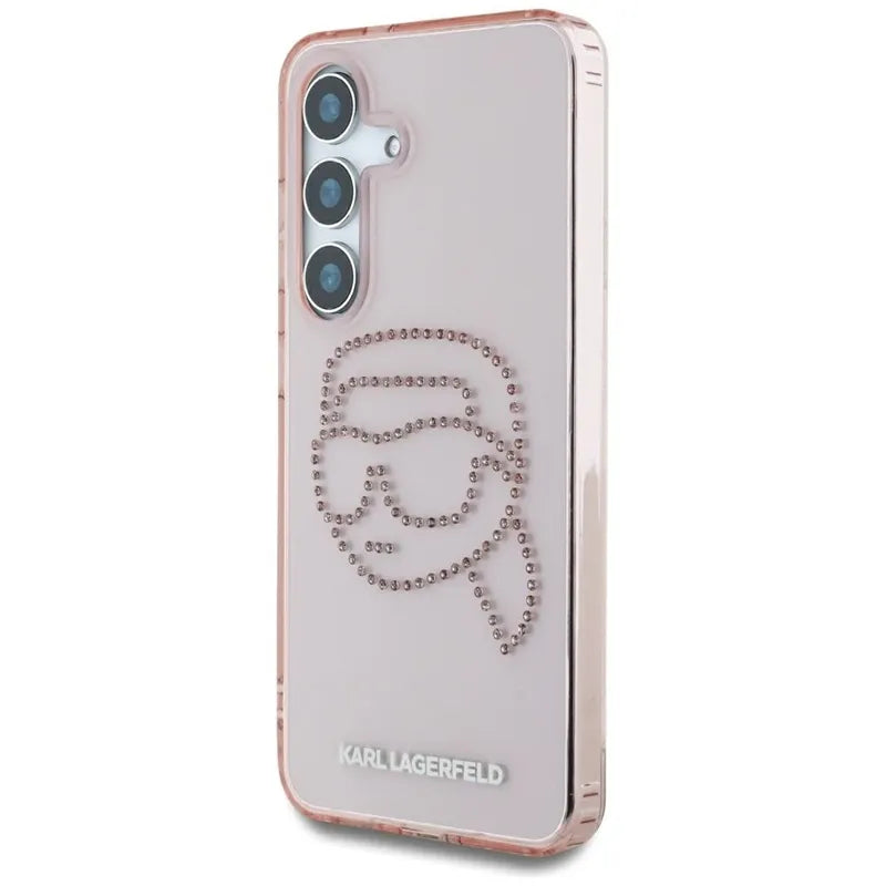 Karl Lagerfeld Dėklas skirtas Samsung Galaxy S25 su Karl galvos logotipu ir akmenukais (Rožinis)