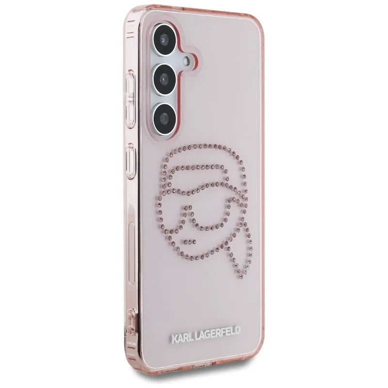 Karl Lagerfeld Dėklas skirtas Samsung Galaxy S25 su Karl galvos logotipu ir akmenukais (Rožinis)