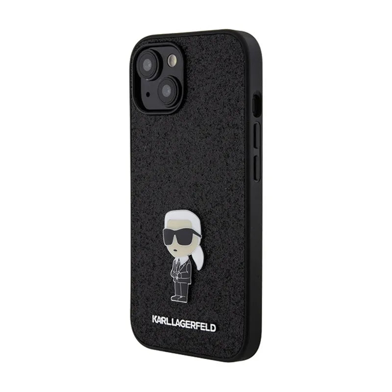 Karl Lagerfeld Dėklas su pritvirtinta metaline Ikonik sagė ir blizgučiais – iPhone 15 / 14 / 13 (juoda)