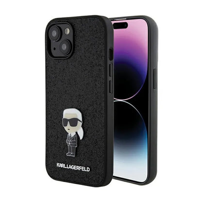 Karl Lagerfeld Dėklas su pritvirtinta metaline Ikonik sagė ir blizgučiais – iPhone 15 / 14 / 13 (juoda)
