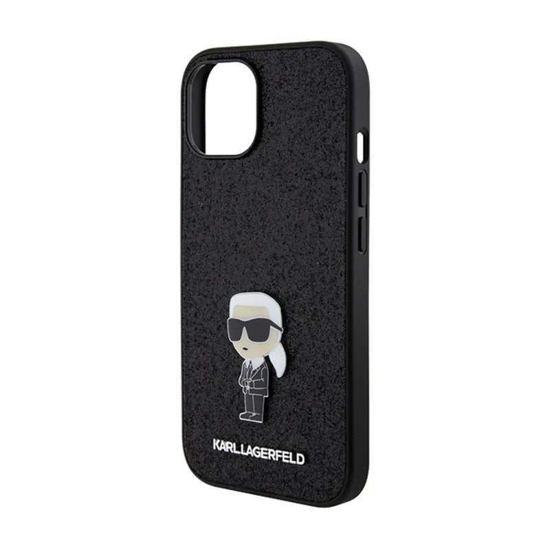 Karl Lagerfeld Dėklas su pritvirtinta metaline Ikonik sagė ir blizgučiais – iPhone 15 / 14 / 13 (juoda)