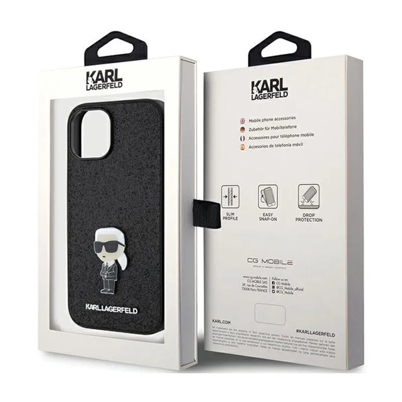 Karl Lagerfeld Dėklas su pritvirtinta metaline Ikonik sagė ir blizgučiais – iPhone 15 / 14 / 13 (juoda)