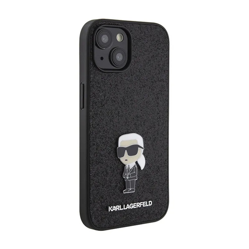 Karl Lagerfeld Dėklas su pritvirtinta metaline Ikonik sagė ir blizgučiais – iPhone 15 / 14 / 13 (juoda)