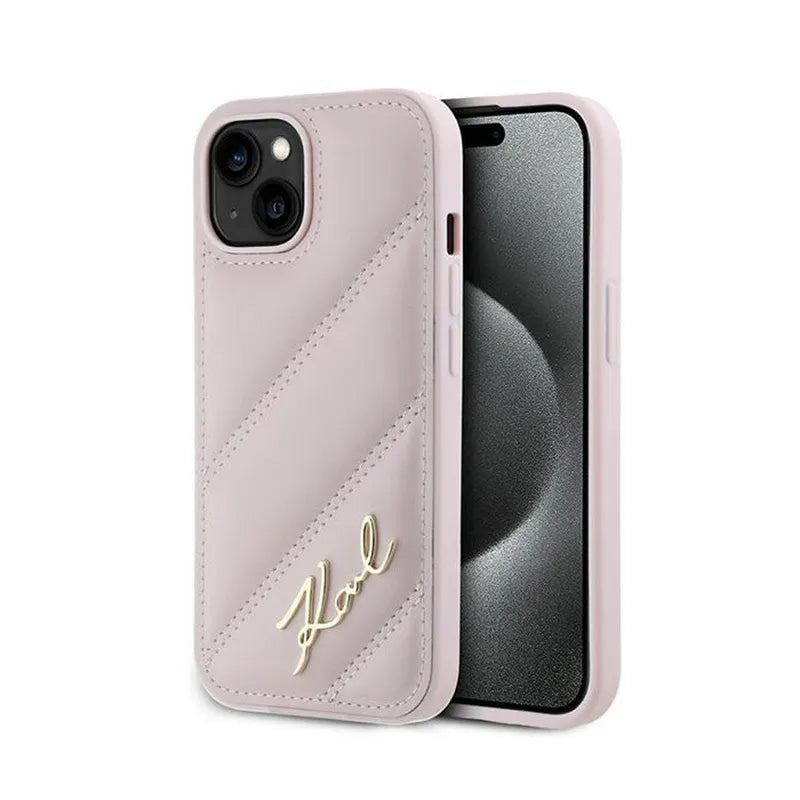 Karl Lagerfeld Diagonal Quilted Script – dėklas iPhone 14 / 15 / 13 (rožinis)