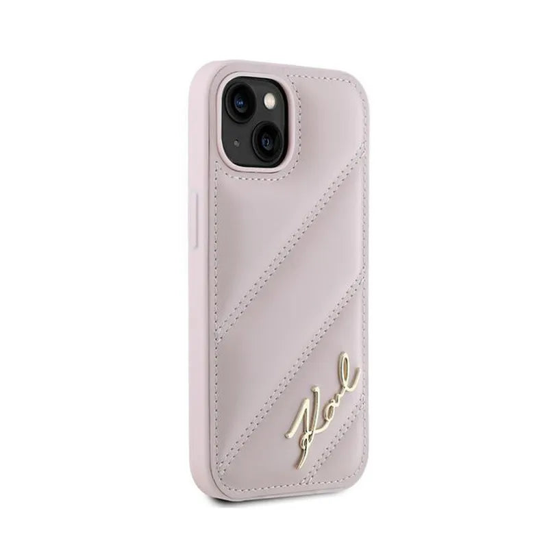 Karl Lagerfeld Diagonal Quilted Script – dėklas iPhone 14 / 15 / 13 (rožinis)