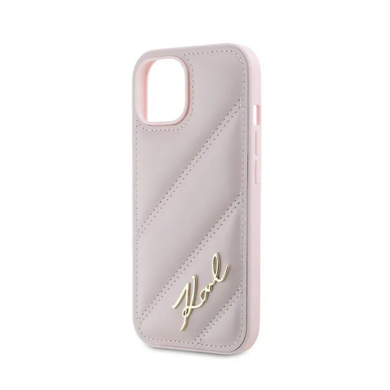 Karl Lagerfeld Diagonal Quilted Script – dėklas iPhone 14 / 15 / 13 (rožinis)