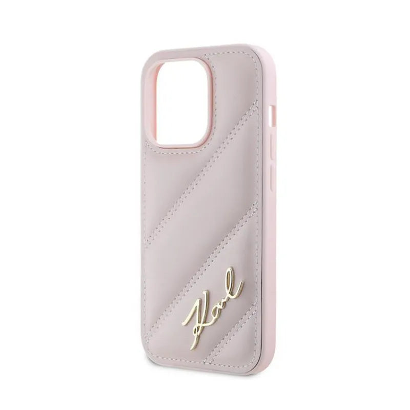 Karl Lagerfeld „Diagonal Quilted Script“ – dėklas, skirtas „iPhone 14 Pro Max“ (rožinė)