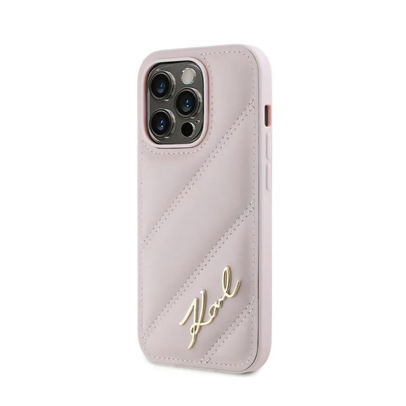 Karl Lagerfeld „Diagonal Quilted Script“ – dėklas, skirtas „iPhone 14 Pro Max“ (rožinė)