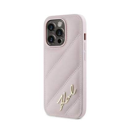 Karl Lagerfeld „Diagonal Quilted Script“ – dėklas, skirtas „iPhone 14 Pro Max“ (rožinė)