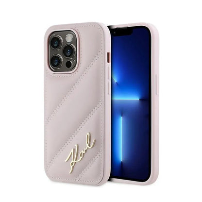 Karl Lagerfeld „Diagonal Quilted Script“ – dėklas, skirtas „iPhone 14 Pro Max“ (rožinė)