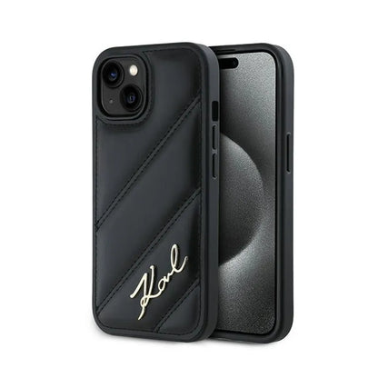 Karl Lagerfeld Diagonal Quilted Script – dėklas skirtas iPhone 15 / 14 / 13 (juodas)
