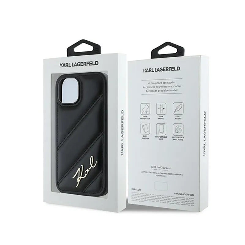 Karl Lagerfeld Diagonal Quilted Script – dėklas skirtas iPhone 15 / 14 / 13 (juodas)