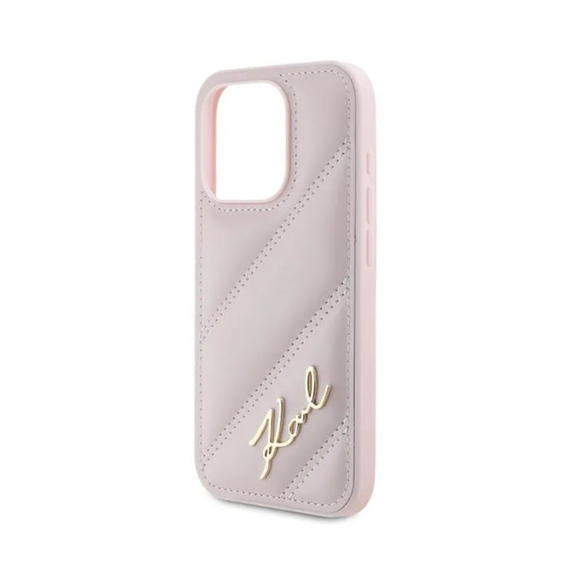 Karl Lagerfeld Diagonaliai Dygsniuotas Užrašas - Dėklas skirtas iPhone 15 Pro Max (Rožinis)