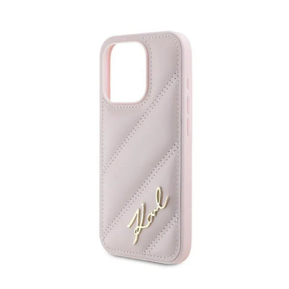 Karl Lagerfeld Diagonaliai Dygsniuotas Užrašas - Dėklas skirtas iPhone 15 Pro Max (Rožinis)