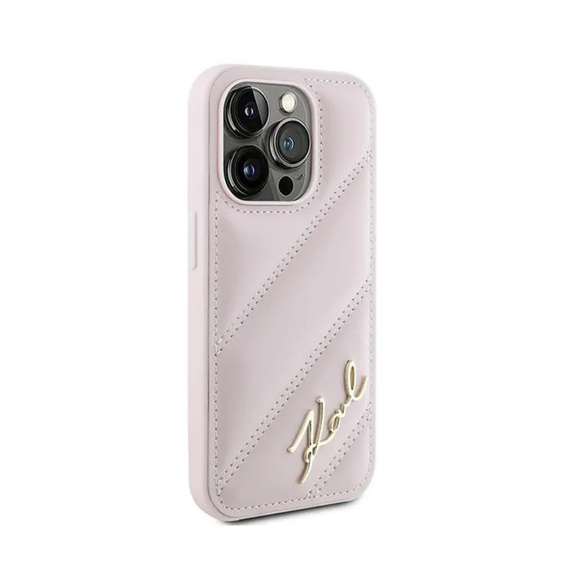 Karl Lagerfeld Diagonaliai Dygsniuotas Užrašas - Dėklas skirtas iPhone 15 Pro Max (Rožinis)