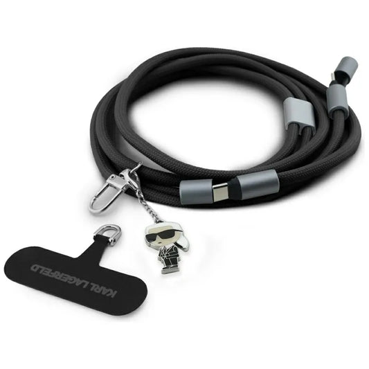 Karl Lagerfeld Dirželis per petį Ikonik Charm - Universalus telefono dirželis / USB-C į USB-C kabelis 1,5 m (Juodas)