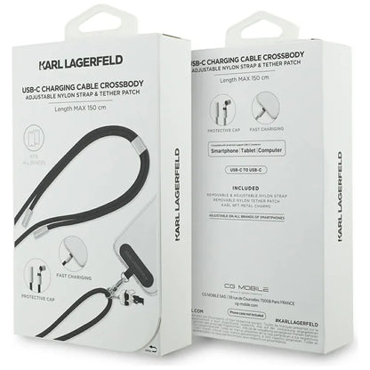 Karl Lagerfeld Dirželis per petį Ikonik Charm - Universalus telefono dirželis / USB-C į USB-C kabelis 1,5 m (Juodas)