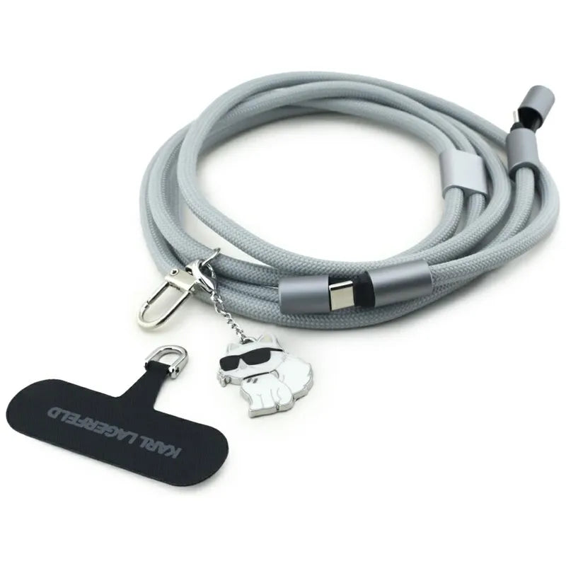 Karl Lagerfeld Dirželis per petį su Choupette pakabuku – Universalus telefono dirželis / USB-C į USB-C laidas 1,5 m (Pilka)
