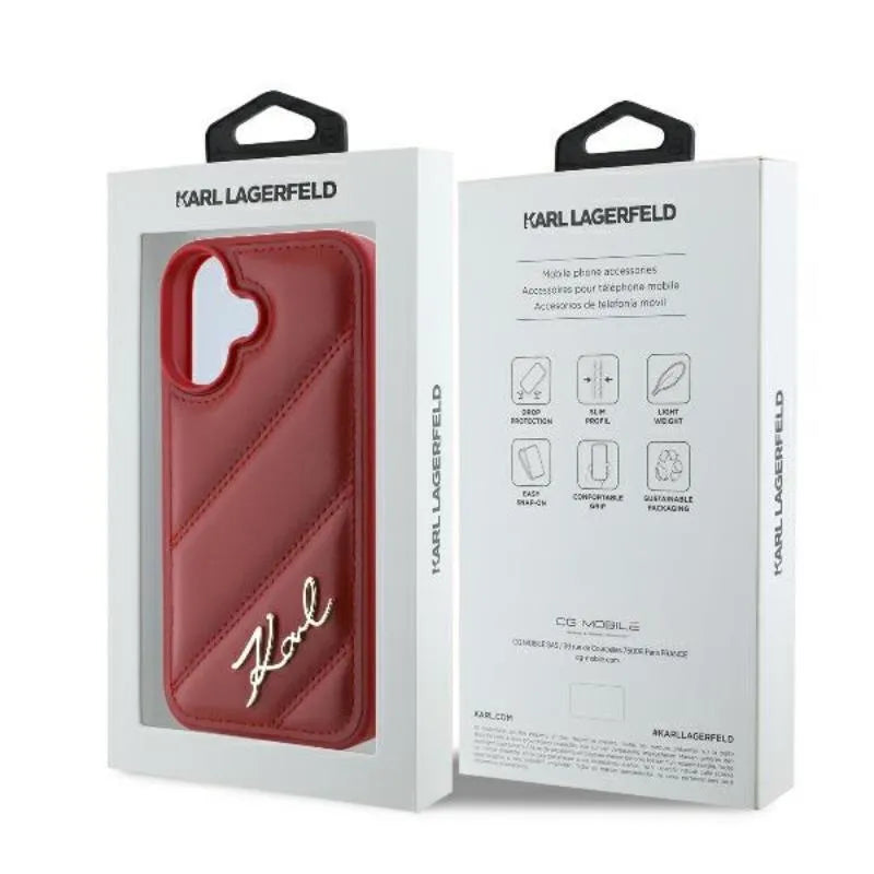 Karl Lagerfeld "Dygsniuotas parašas" dėklas, skirtas iPhone 16 (raudona)