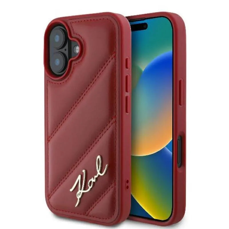 Karl Lagerfeld "Dygsniuotas parašas" dėklas, skirtas iPhone 16 (raudona)