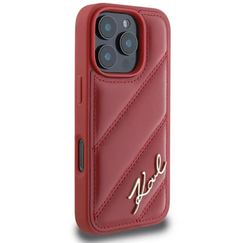 Karl Lagerfeld Firminis dygsniuotas dėklas skirtas iPhone 16 Pro (raudonas)