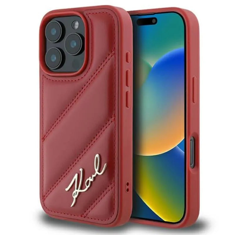 Karl Lagerfeld Firminis dygsniuotas dėklas skirtas iPhone 16 Pro (raudonas)
