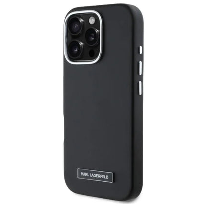 Karl Lagerfeld FW Metal Plate MagSafe – dėklas iPhone 16 Pro (juodas)