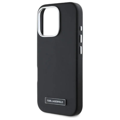 Karl Lagerfeld FW Metal Plate MagSafe – dėklas iPhone 16 Pro (juodas)