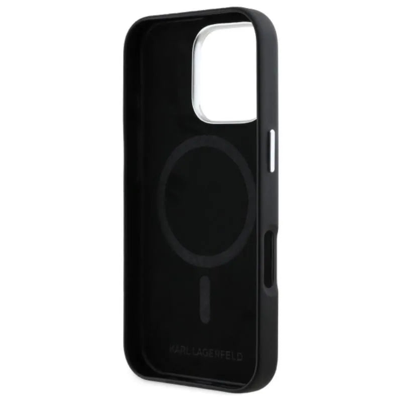 Karl Lagerfeld FW Metal Plate MagSafe – dėklas iPhone 16 Pro (juodas)