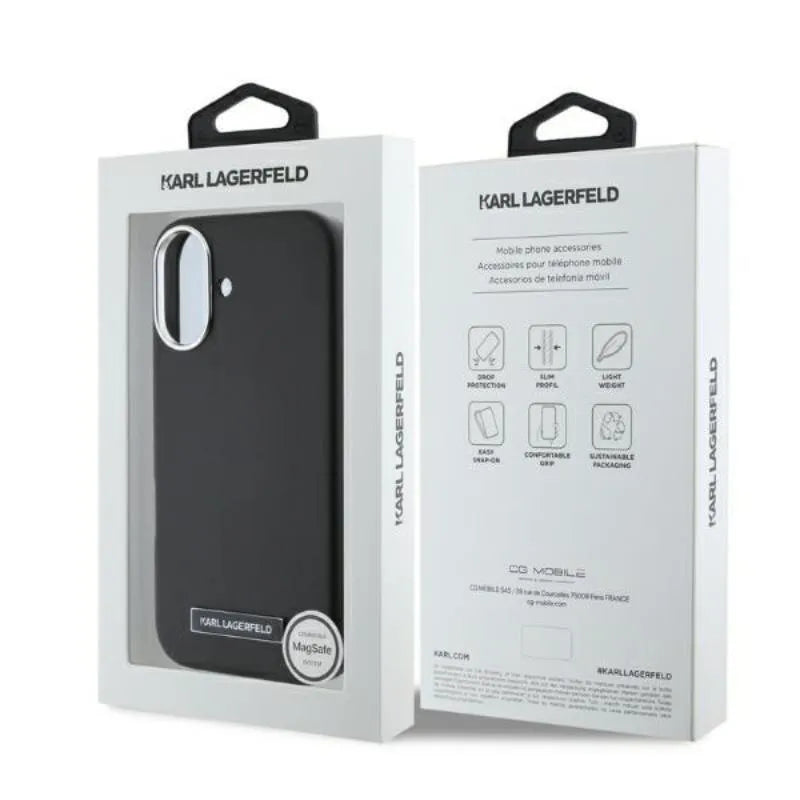 Karl Lagerfeld FW Metal Plate MagSafe – dėklas, skirtas iPhone 16 (juodas)