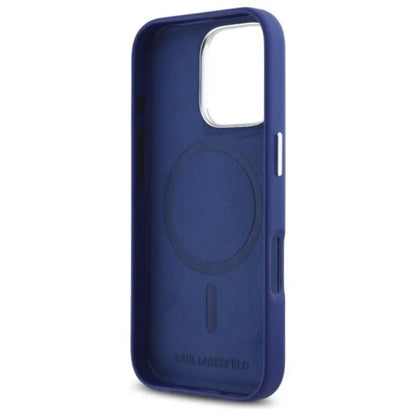 Karl Lagerfeld FW Metal Plate MagSafe – dėklas, skirtas iPhone 16 Pro Max (mėlynas)
